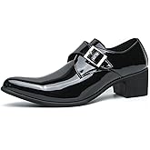 Men's Patent Leather Chunky Heels Dress Loafers with Monk Strap Modern Pointed Toe Tuxedo Oxford Shoes for Formal Business Office Church