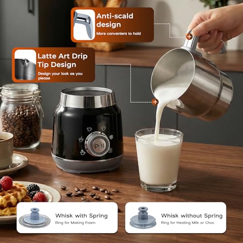 Yaskyly 6 in 1 Electric Milk Frother 560W 1L Cold Hot Foam Milk Warmer and Milk Warmer for Latte, Cappuccinos, Macchiato, Stainless Steel, Dishwasher Safe (Black)