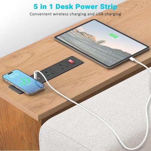 LBOYLOVE® Recessed Desk Power Socket, Hidden Plug Socket with 2 UK Plugs, 2 USB Ports, 15W Wireless Charging and 2M/6.56FT Cable, Furniture Power Strip with Overload Switch for Home Office Desktop