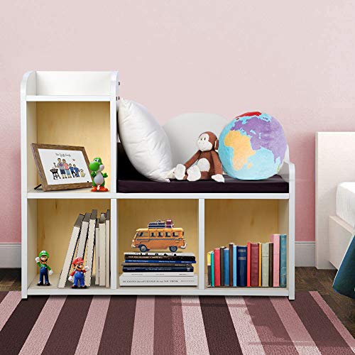 NA Bookshelf for Kids with Cushion Reading Nook, White Bookcase for