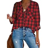 HOTOUCH Women's Christmas Plaid Shirt Button Down Plaid Flannel Shirt Red and Black Shirt
