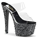 Womens Black Platform Heels Slides Rhinestones Spikes Clear 7 Inch Heels Shoes Size: 7