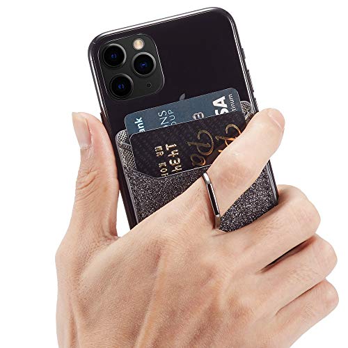 ACRSIKR Card Holder for Back of Phone, RFID Blocking Glitter Cell Phone Credit Wallet with Ring Pocket Stick on iPhone