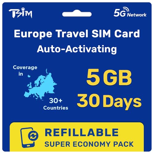 Europe SIM Card for Travel 30 Day 5GB for 36 Countries | Refillable Super Economy Pack | High Coverage Multi-Operator 5G Network | Auto-Activating | Hotspot Allowed | Data Only