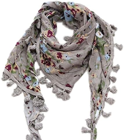 Khaki Flower Triangular Scarf Tassels Wrinkle Shawl Wrap