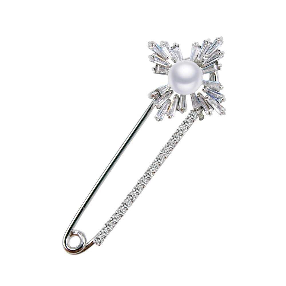 BiBeary Women Elegant Zirconia Flower Party Paperclip Shape Brooch Silver-Tone