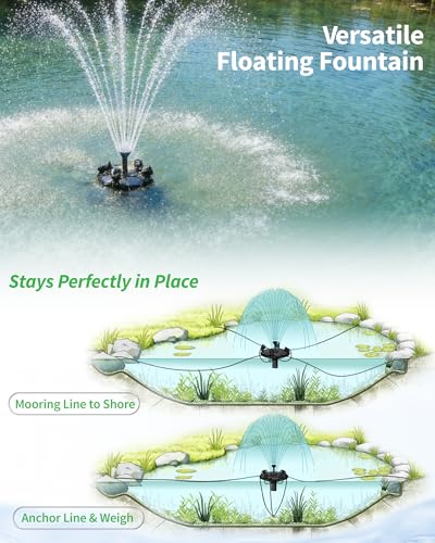 POPOSOAP Floating Pond Fountain & Aerator Complete Kit with LED Lights, 4500 L/h Water Pump, 9m Power Cord, 3 Spray Styles for Ponds, Pools, Lakes & Water Gardens