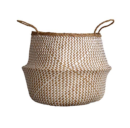 dufmod-Small-Natural-and-Plush-Woven-Seagrass-Tote-Belly-Basket-for-Storage-Laundry-Picnic-Plant-Pot-Cover-and-Beach-Bag-Plush-Zigzag-Chevron-Seagrass-White-Small