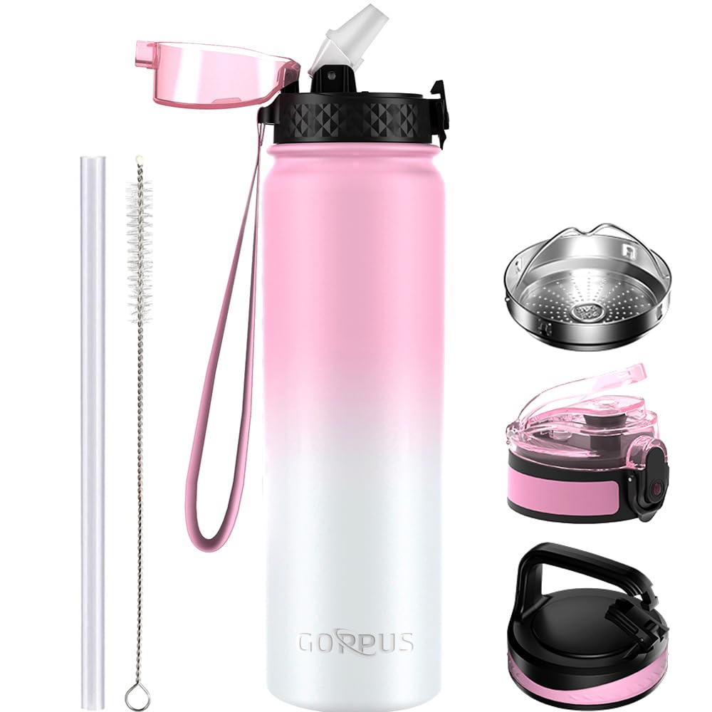GOPPUS 1L/32oz Stainless Water Bottle with Straw Double Wall Insulated Bottles with Strap Reusable Vacuum Thermal Flask Leakproof Keep Cold Drinks Bottles with Flip Top Lid for Gym Men Women BPA Free — image 1