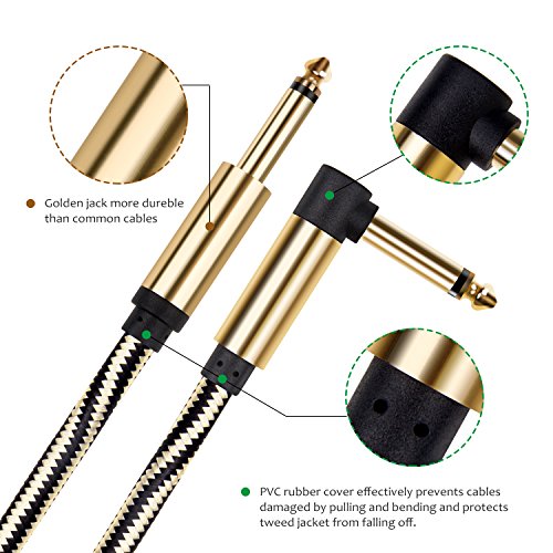 Mugig Professional Cable for Guitar / Bass/ Electronic Organ -10 ft / 3m Instrument Cable 1/4’’ (6.35mm) Upgraded Type Tweed Braid Jacket Zinc Alloy Nickel Planting Golden & Black Style