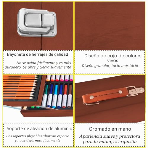 KINSPORY Briefcase Paints for Children, 139 Pieces Drawing Games, Watercolor Pencils with Wooden Box (Brown)