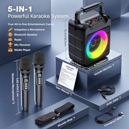 Karaoke Machine Microphone for Adults Kids, Exssary Portable Bluetooth Speaker with 2 Wireless Karaoke Microphone PA System with Lights Supports TWS/TF Card/USB/AUX for Family Home Party