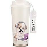 Funkrin Coffee Travel Mug with Straw & Flip Lid, 16oz Insulated Tumbler Cup with Ceramic Coating, Double Wall Vacuum Leak-Proof Mug for Office School Party Camping