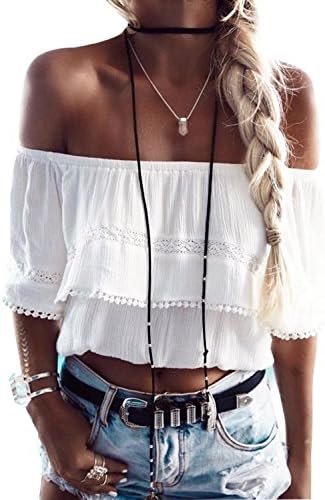 LISASTOR Womens Sexy Ruffles Lace Off Shoulder Crop Tops Summer Strapless Solid Blouses Tops Tank Vest (L)
