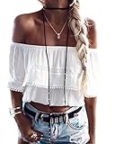 LISASTOR Womens Sexy Ruffles Lace Off Shoulder Crop Tops Summer Strapless Solid Blouses Tops Tank Vest (L)