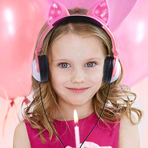 Esonstyle Kids headphones Over Ear with LED Glowing Cat Ears,Safe Wired Kids Headsets 85dB Volume Limited, Food Grade Silicone, 3.5mm Aux Jack, Cat-Inspired Purple Headphones for Girls (pink)