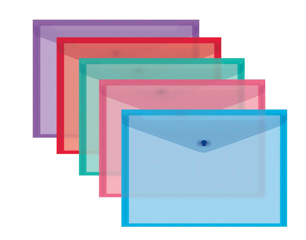 A4 Plastic Document Folders Envelopes, Assorted Colours, Pack of 5, (Plain)
