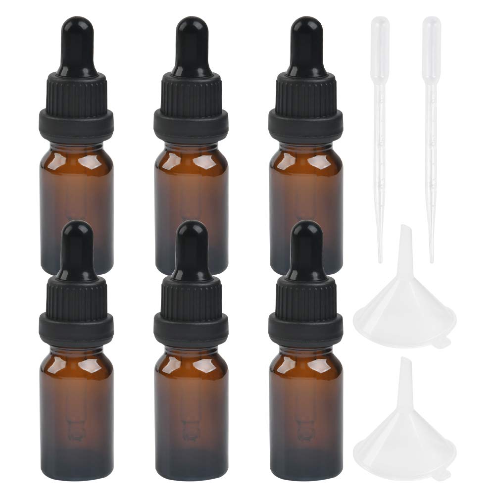 6Pcs 10ml Amber Dropper Bottle with Glass Pipette, Empty Eye Glass Jar with funnel, Brown Glass Container for Essential Oil Aromatherapy Blends Make Up Laboratory