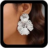 Vintage Metal Flower Drop Earrings Big Flower Petal Dangle Earrings Gold Exaggerated Flower Earrings Exaggerated Large Floral Stud Earrings Flower Brushed Earrings Jewelry for Women