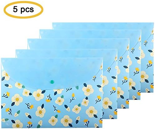 JX Hornet Premium Flower Printed Letter/A4 Booklet Document File Envelope Folder Holder Organizer Bag ,With Snap Button,Soft Plastic Quality,Pack of 5 Pcs,Blue Colors,Size 9"13"