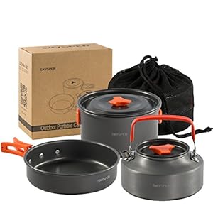 SKYSPER Camping-kookgerei, 4-delige set, draagbaar kookgerei voor op de camping, aluminium kookpannenset, picknick…