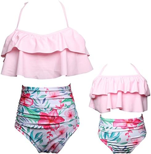 Qunlei Mommy and Me Swimsuits Two Pieces Retro Boho Flounce Falbala High Waisted Beach Bikini Set for Girls/Baby Girls/Teen Girls Babypink 4-5 Years