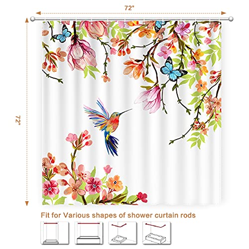 CutebriCase Shower Curtain, Flower Hummingbird Shower Curtain for Bathroom with Hooks, Polyester Fabric Machine Washable Waterproof Large Shower Curtains Sets Decorative Bath Curtain
