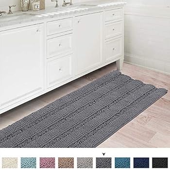 Flamingo P Bath Rug Runner Slip-Resistant Striped Pattern Large Chenille Shaggy Bath Mat Runner Extra Soft and Absorbent Indoor Bath Mat for Bathroom Washable, 47 inch by 17 inch - Gray