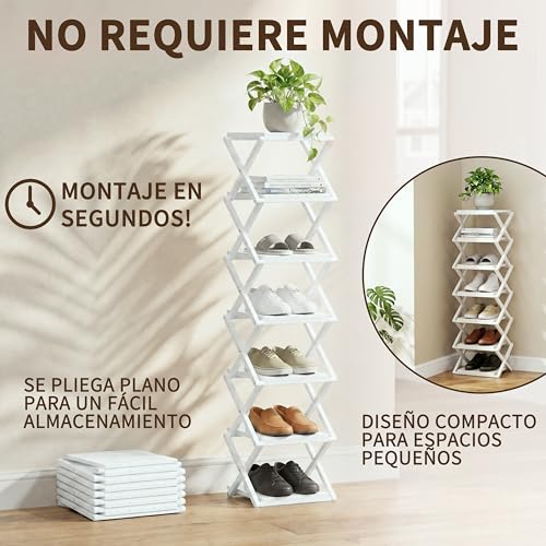 Veekovo Zapatero Vertical Estrechom, Zapatero Plegable portátil, sin instalación, Zapatero pequeño, pasillos, dormitorios y Espacios pequeños (Blanco, 7 Tier)