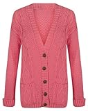 Womens Ladies Chunky Cable Knitted Long Sleeve Button Grandad Knitwear Cardigan - PURPLE - One Size(UK8-14) - (Mixed Fibres)