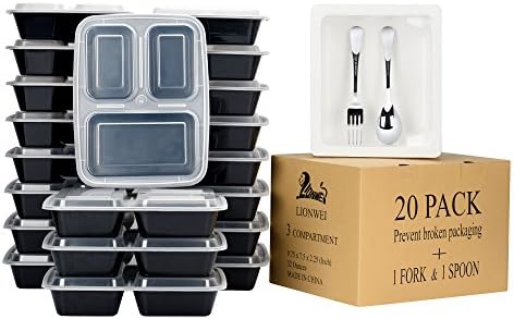 Meal Prep Containers with Spoon and Fork Lunch Box 20 Pack 3 Compartment Prevent Broken Packaging BPA Free Bento Box Microwave Freezer Safe Portion Control (32 Oz)