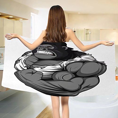 Cartoon Bath towel Image of Big Gorilla Like as Professional Athlete Bodybuilding Gym Animal Cotton Beach Towel Black White Grey （55"x28"）
