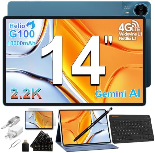 T70 Tablet 14 Pollici 2.2K Tablets Gaming, Helio G100 2.2GHz Octa-Core, 10000mAh/18W, Dual SIM 4G LTE, 20GB RAM+128GB(TF 8TB), Widevine L1/GPS/13MP/Gemini AI Tablet con Tastiera+Custodia+Penna