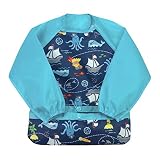 green sprouts Easy-wear Long Sleeve Bib | Waterproof protection from mealtime to playtime | Flipped pocket, soft material, elasticized sleeves, easy clean, Aqua Pirates, 12-24 Months