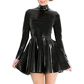 Black Latex Dress for Women,High Collar Rubber Skirts with Back Zipper for Novelty Latex Club Wear