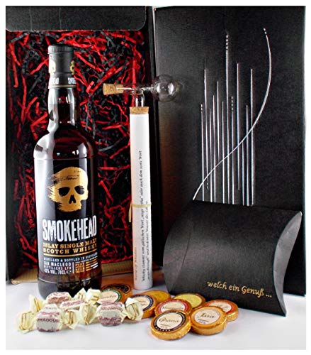 Geschenk Smokehead Single Malt Whisky + Glaskugelportionierer + Edelschokolade + Fudge