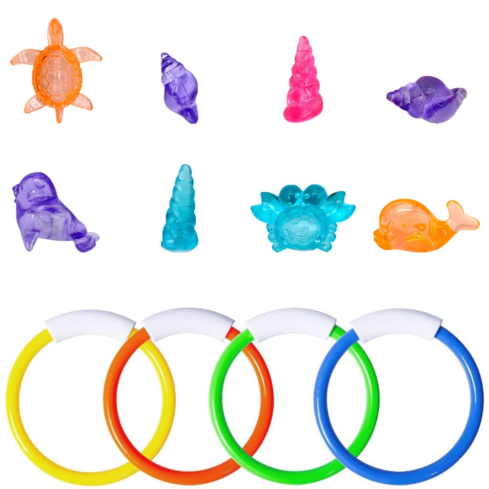 Obumi Diving Pool Toys Set, 12PCs Swimming Pool Toys Set, Includes 4 Conch,2 Dolphin, 1 Tortoise, 1 Crab, 4 Dive Rings, Underwater Pool Training Game Toys, for Kids Swimming Pool Party