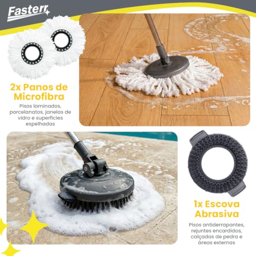 Mop Giratório 360º Fasterr FST104 Cesto em Inox 14L | Cabo Regulável até 160cm | Kit com Escova Abrasiva e Dispenser de Sabão | Limpeza Doméstica e Comercial