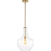 JONATHAN Y 13.25" Brass Gold/Clear Mid-Century Modern 1-Light LED Pendant Light Fixture, Adjustable Schoolhouse Hanging Lamp 