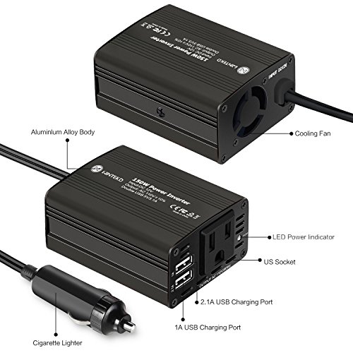 WINTEKD 150W Car Power Inverter DC 12V to 110V AC Converter with 3.1A Dual USB Charger Adapter (Black) - Thumbnail 2