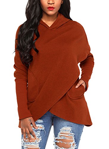 FIYOTE Women Long Sleeve Solid Color High Low Hoodie Coat Jacket Sweatshirt with Pocket Medium Size Orange