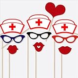Nurse Theme Photobooth Props 10 Piece Fully Assembled with Real Glitter Nurse Hat, Glasses, Duck Face Lips
