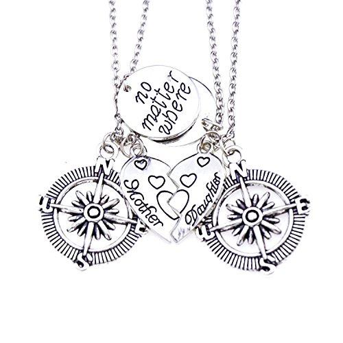 ALoveSoul Mother Daughter Necklace - No Matter Where Compass Split Broken Heart Gift Charm Necklaces