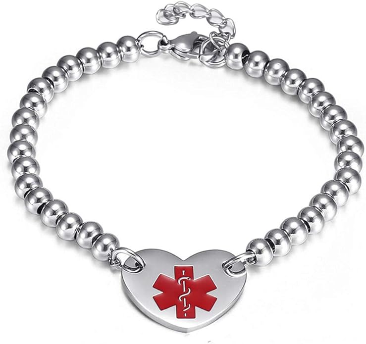 NJ Asthma Medical Alert Bracelet for Women Stainless Steel Beads Chain Asthma Medic ID Health