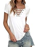 Women's Sexy Plain Deep V Neck Lace Up Short Sleeve Blouse Top