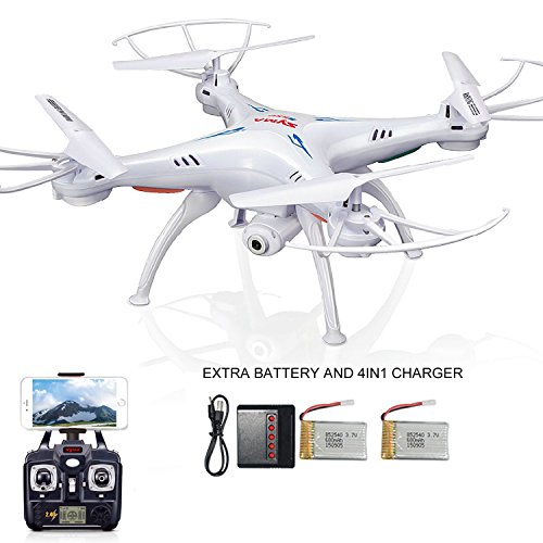 Syma X5SW FPV Exploradores 2 2.4Ghz 4CH 6-Axis Gyro RC sin cabeza Quadcopter Drone OVNI con cámara de 2MP HD Wifi, 2* baterías adicionales y 4in1 cargador (blanco)