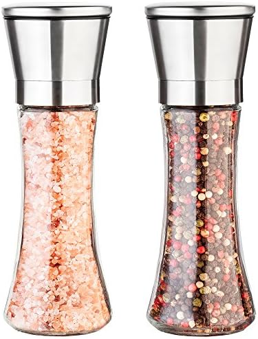 Avi Brothers Salt and Pepper Grinder Set - 2 Mills for Salt & Pepper - 6 Oz Glass Body & 5 Grade Adjustable Ceramic Rotor – Best Salt & Pepper Shakers for Tasty and Healthy Food + Bonus eBook