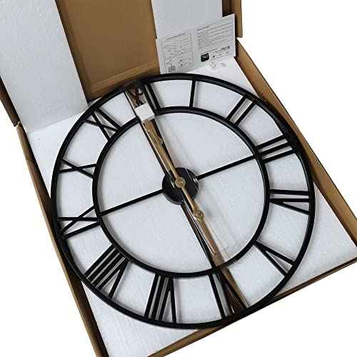 Qukueoy 16 Inch Large Metal Wall Clock Home Decorative Industrial Clocks with Big Roman Numerals,Retro Oversized Clock for Living Room Decor,Battery Operated(Black-Roman)