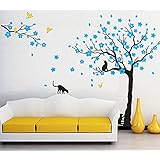 Amaonm 67"x98" Giant Removable Vinyl Black Tree + Blue Flowers + Yellow Birds + Black Cat Wall Decals Stickers Murals Home Decor for Kids Nursery Living Room Bedroom TV Background Walls