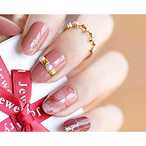 NEW Style Dyeing Pink Gold Glitter Line Rhinestone Pearl Decorated Medium Length Oval Full Cover False Nails with Design 24pcs 12 Different Size